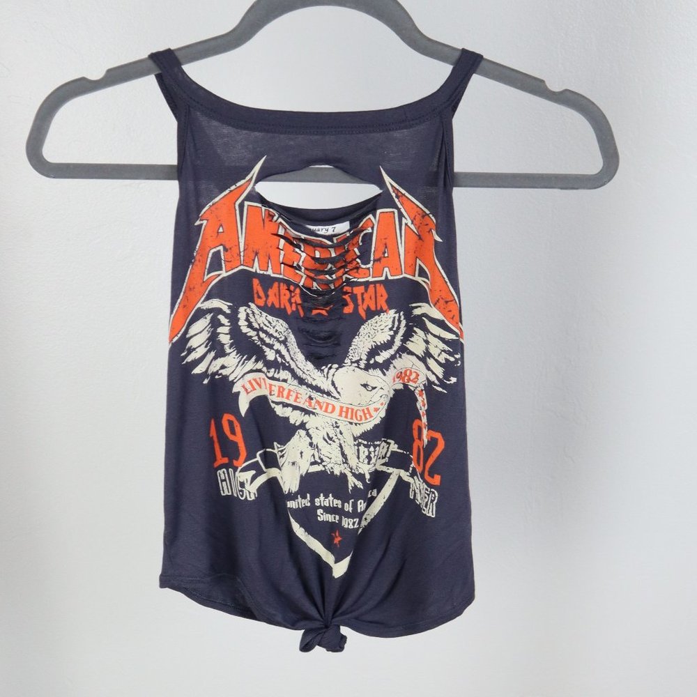 Graphic Eagle Tank Top Women Small Y2K Edgy Lace Up Cutout Front